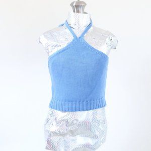 Vintage Blue Cropped Knit Halter Crop Tank Top | Size S